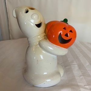 Vintage Midwest Ceramic Ghosts w. Jack O Lantern Halloween 4.25" Tealight Holder